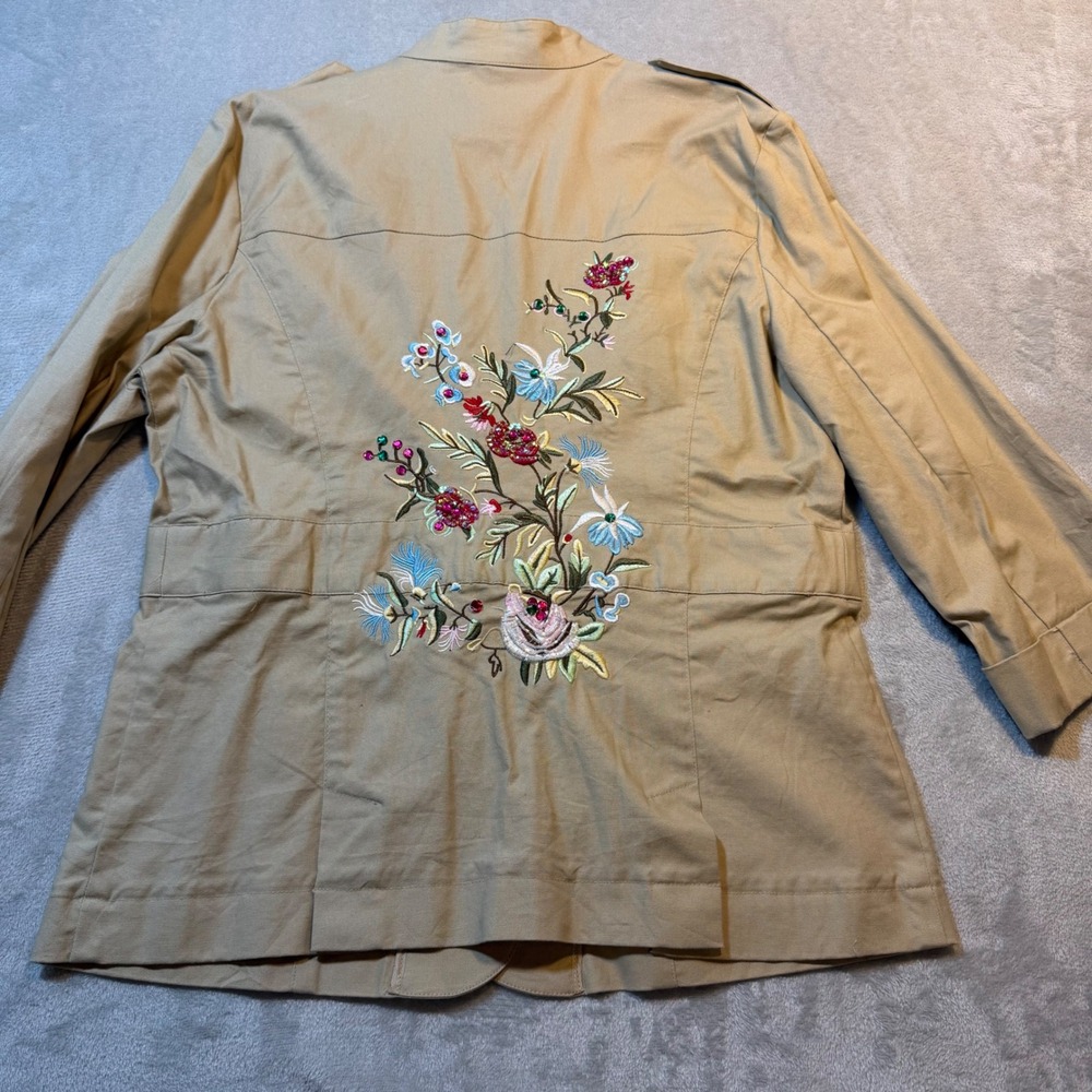 Tan Utility Safari Jacket Floral Embroidered Sequin Bead Mock Neck L Cotton boho